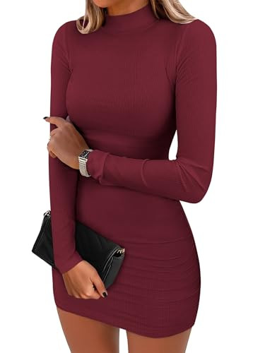 ANRABESS Women Long Sleeve Mock Neck Bodycon Mini Dress 2025 Fall Ribbed Slim Fit Pencil Cocktail Club Night Dresses Dark Red Large | Amazon (US)