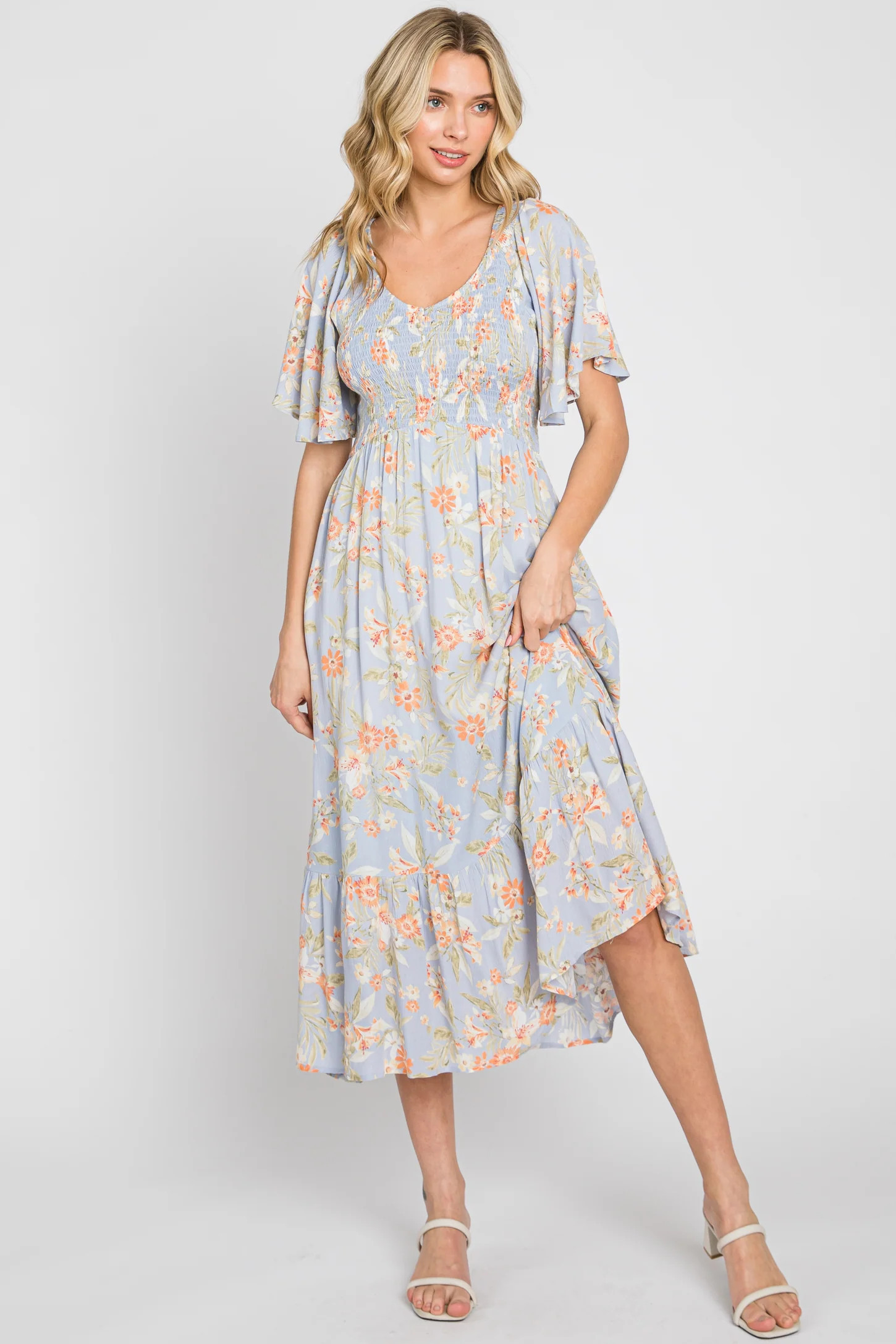 Light Blue Floral Smocked V-Neck Short Sleeve Midi Dress | PinkBlush Maternity