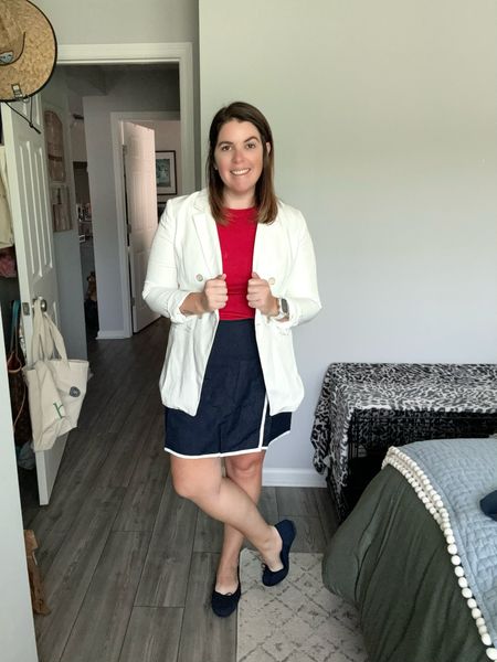 Another Loft skirt that I couldn’t live without! 😂 Navy and white is one of my favorite color combos and this skirt is just too cute! I love that you can dress up this skirt for work, or even pair with sneakers and you have a cute weekend look! The whole look runs TTS and is 30% off  

#LTKStyleTip #LTKMidsize #LTKSaleAlert