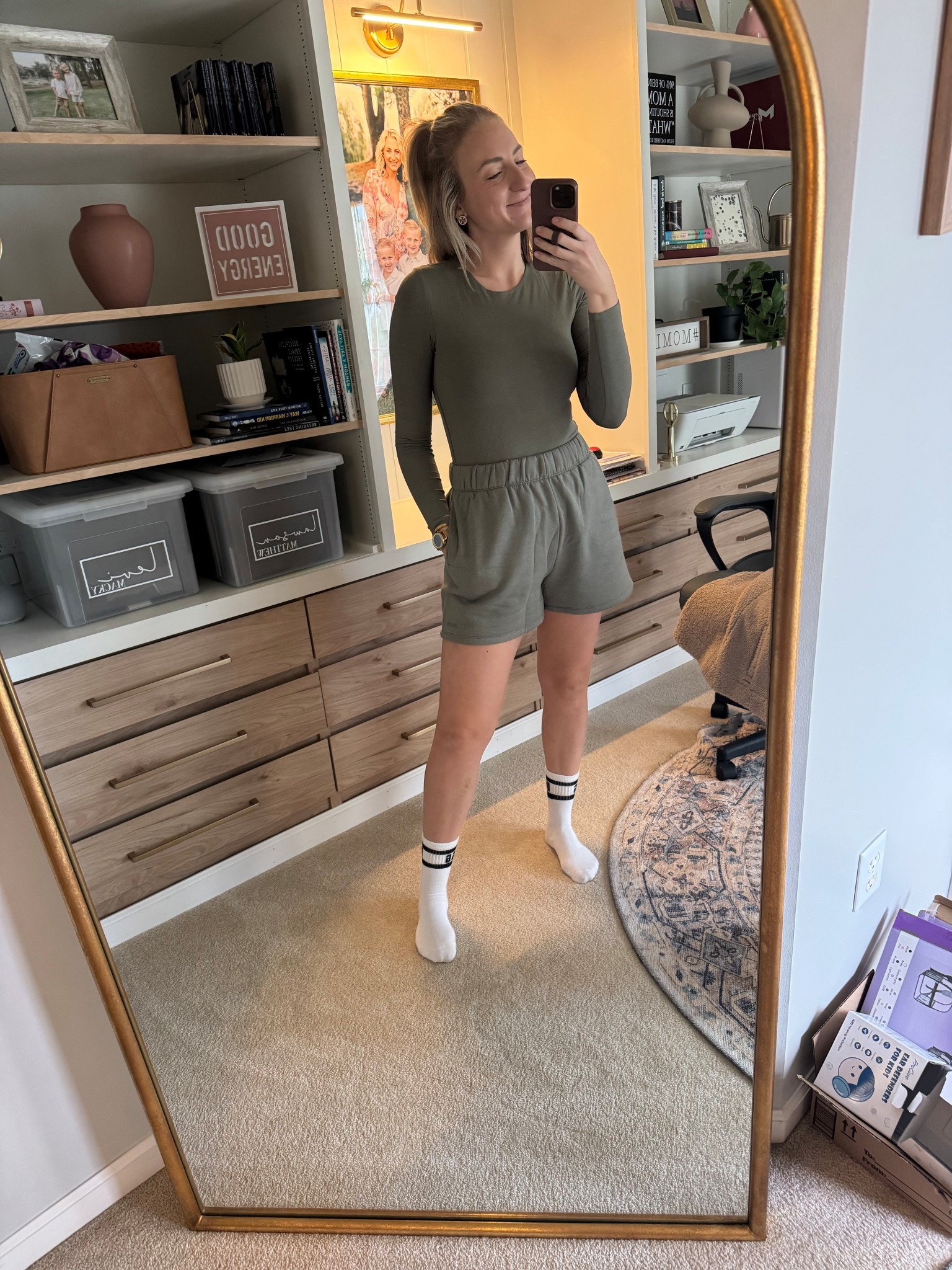 First Nuuds outfit! Monochromatic in olive with the sweat shorts and long sleeve bodysuit. I got a medium in both but could have sized down to a small in the shorts. So comfy and the bodysuit is so flattering! 

#LTKTall #LTKootd #LTKStyleTip