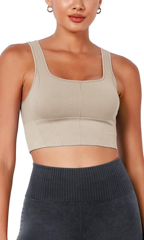 ODODOS Women's Seamless Square Neck Sports Bra with Removable Pads Crop Tank Casual Cropped Tops | Amazon (US)