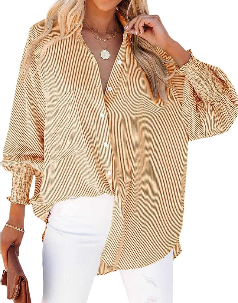 Womens Striped Button Down Shirts Smocked Puff Sleeve Boyfriend Blouse Collar Oversized Work Tops... | Amazon (US)