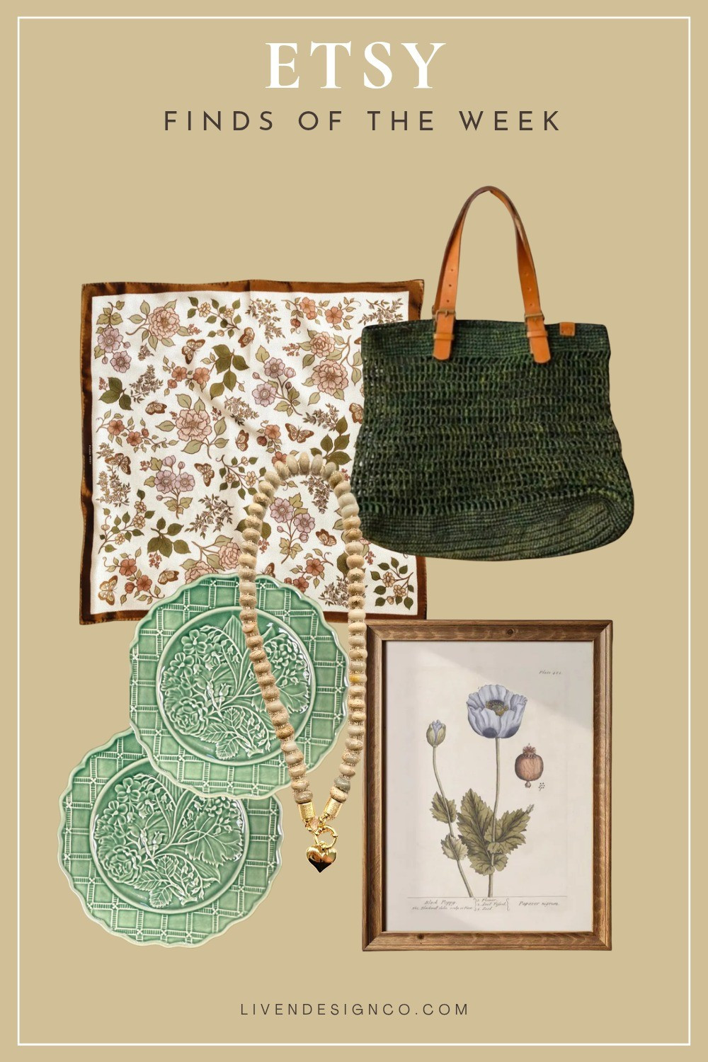 Etsy finds of the week. Dinnerware. Silk scarf. Woven tote. Beaded necklace. Botanical art 

#LTKSeasonal #LTKHome #LTKSaleAlert