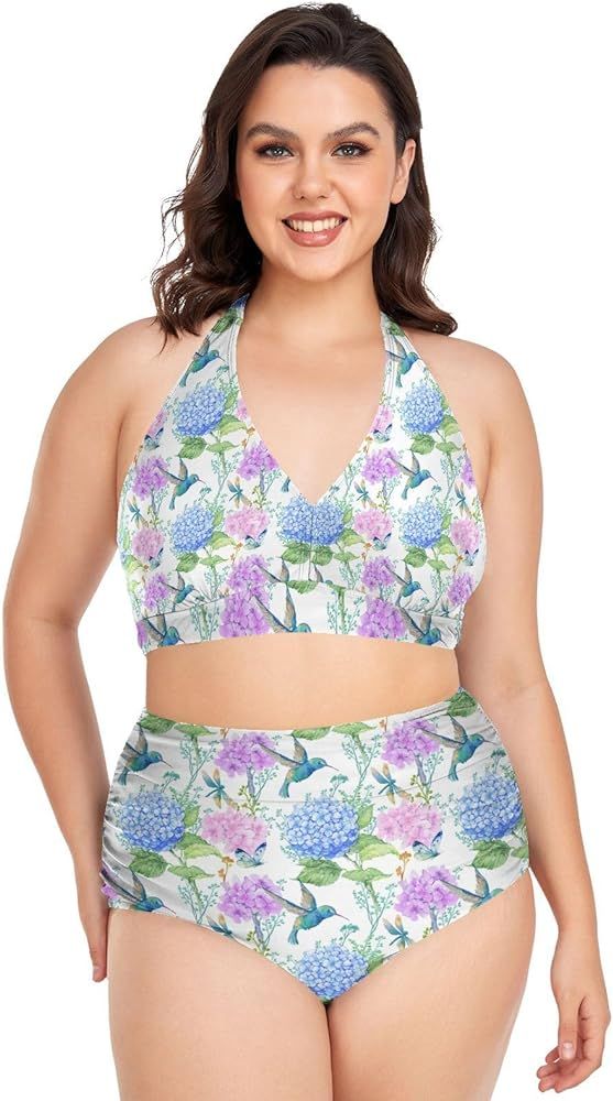 2 PCs Women Plus Size Bikini Set, V-Neck High Waist Padded Top Swimwear(L-4XL) | Amazon (US)