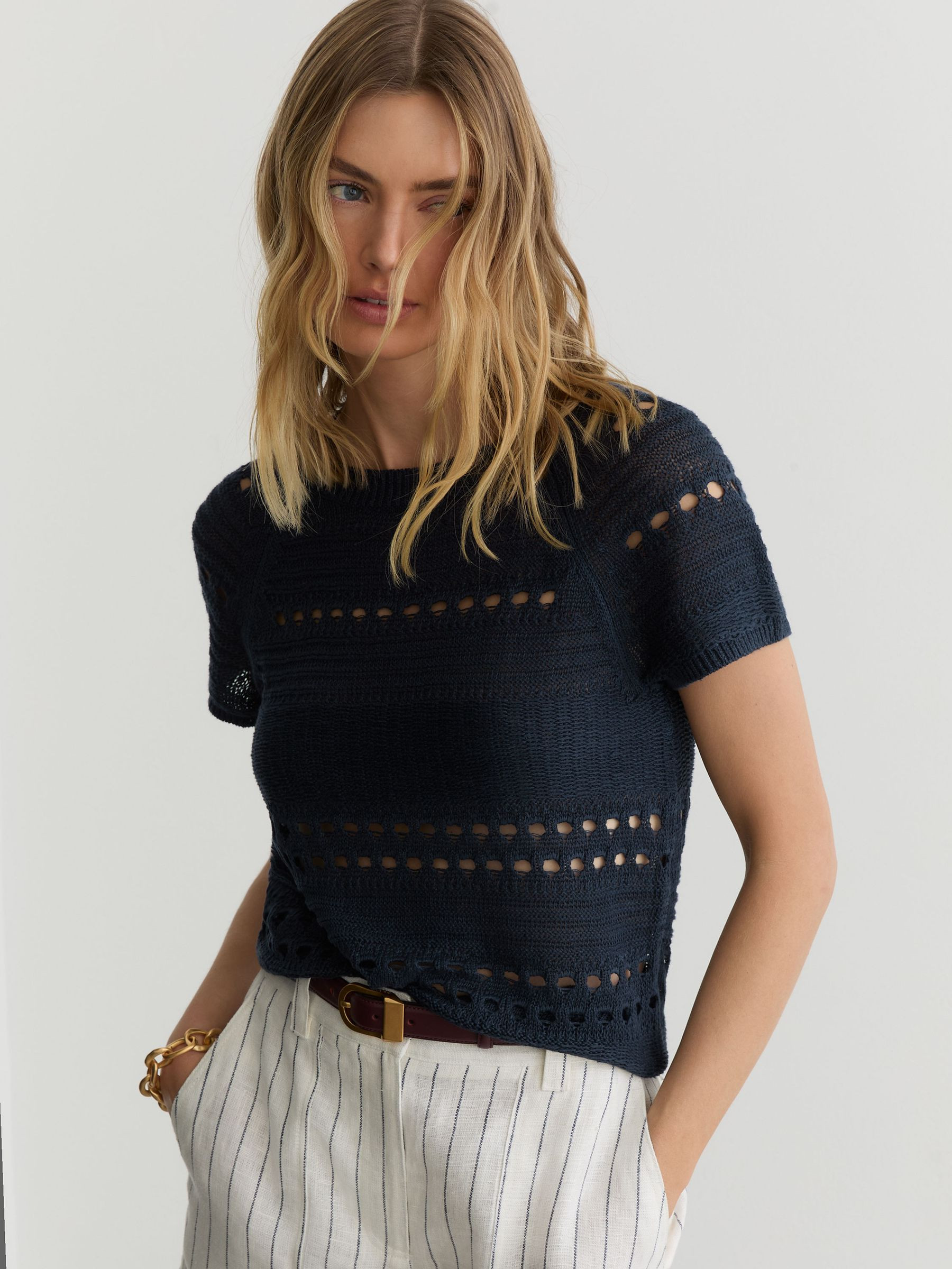 Reiss Linen Textured-Knit Top in Navy - REISS | Reiss UK