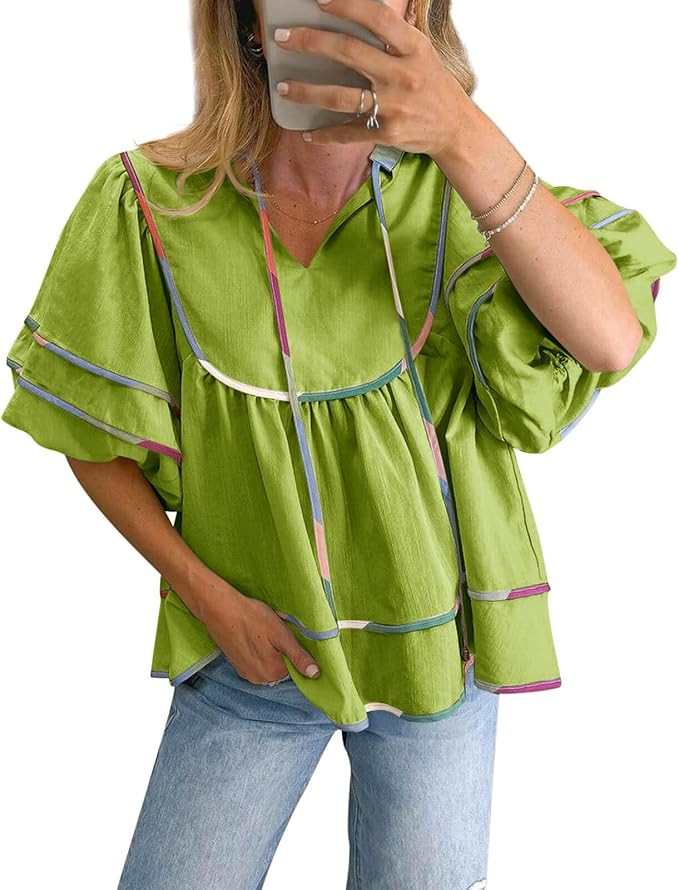 Cicy Bell Womens Summer Babydoll Tops V Neck Short Lantern Sleeve Shirts Cute Loose Fit Peplum Fl... | Amazon (US)