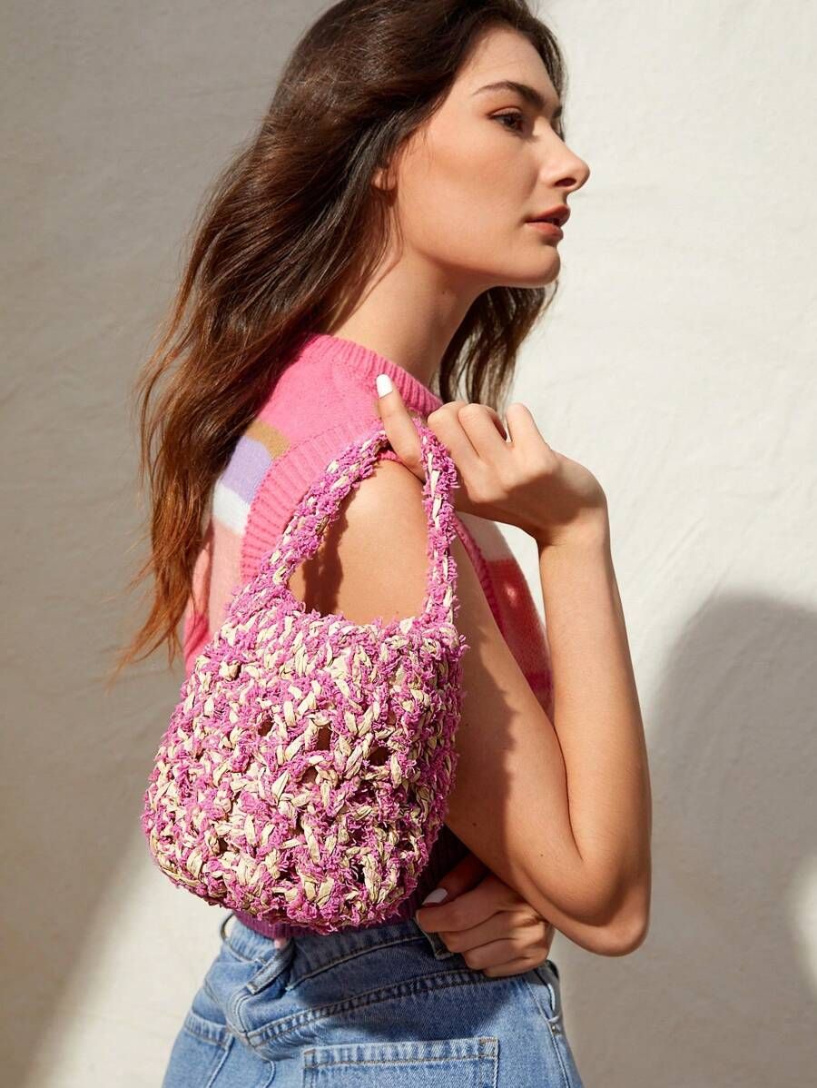 SHEIN VCAY Women's Fashionable Color Block Woven Handbag | SHEIN