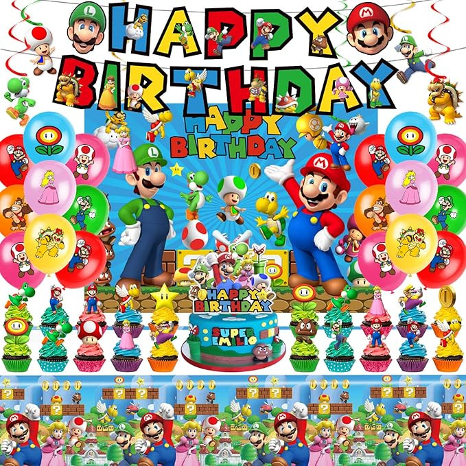 Mario Birthday Party Supplies, Party Decorations Set Include Banner, Backdrop, Balloons, Hanging ... | Amazon (US)