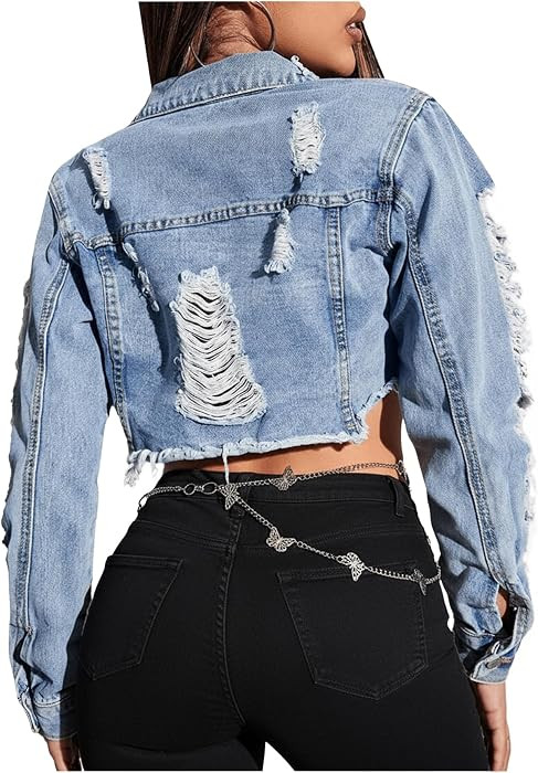 GORGLITTER Women's Ripped Raw Hem Cropped Denim Jacket Long Sleeve Distressed Frayed Jean Jackets | Amazon (US)