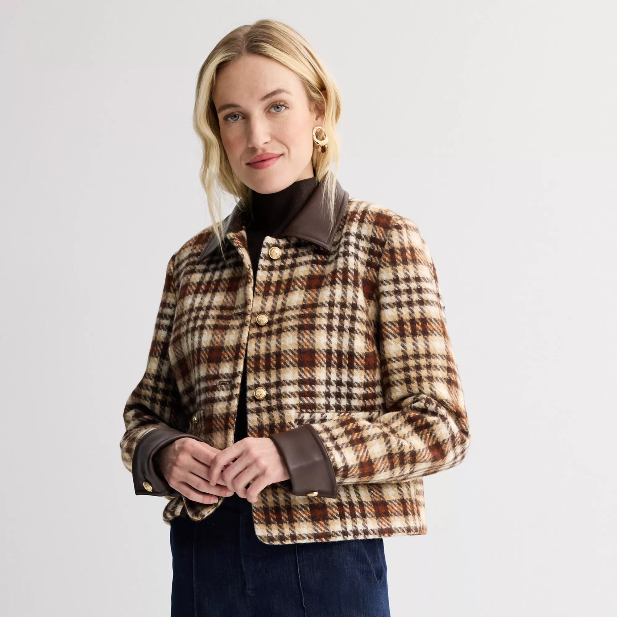 Women's Nine West Button Front Collared Jacket, Size: Medium, Large Team Plaid | Kohl's