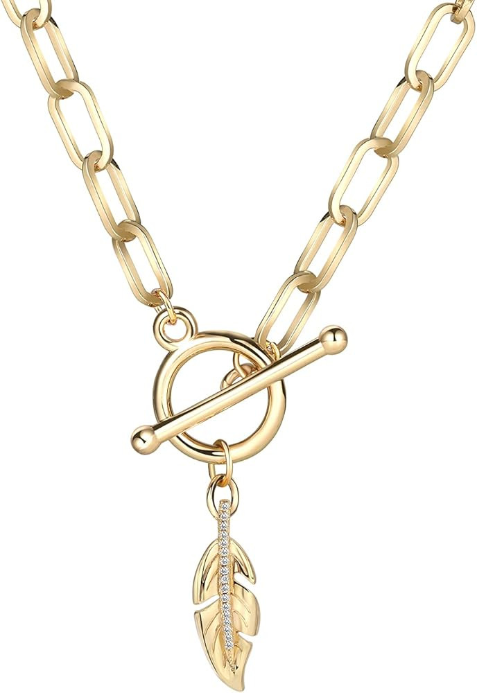 18K Gold Chain Necklace for Women-Toggle Bar Clasp Pave Charm Pendant Gold Plated Paperclip Chain... | Amazon (US)