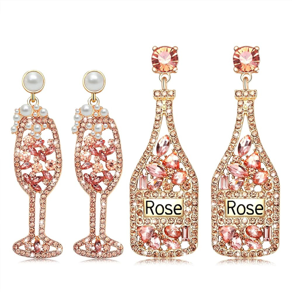 2 Pairs Rhinestone Champagne Bottle Earrings Crystal Wine Glass Dangle Earrings for Women Delicat... | Amazon (US)