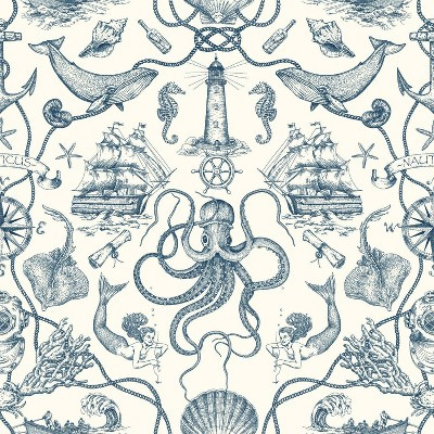 RoomMates Deep Sea Toile Blue Peel and Stick Wallpaper: Nautical Vinyl, Mermaid & Seahorses, Self... | Target