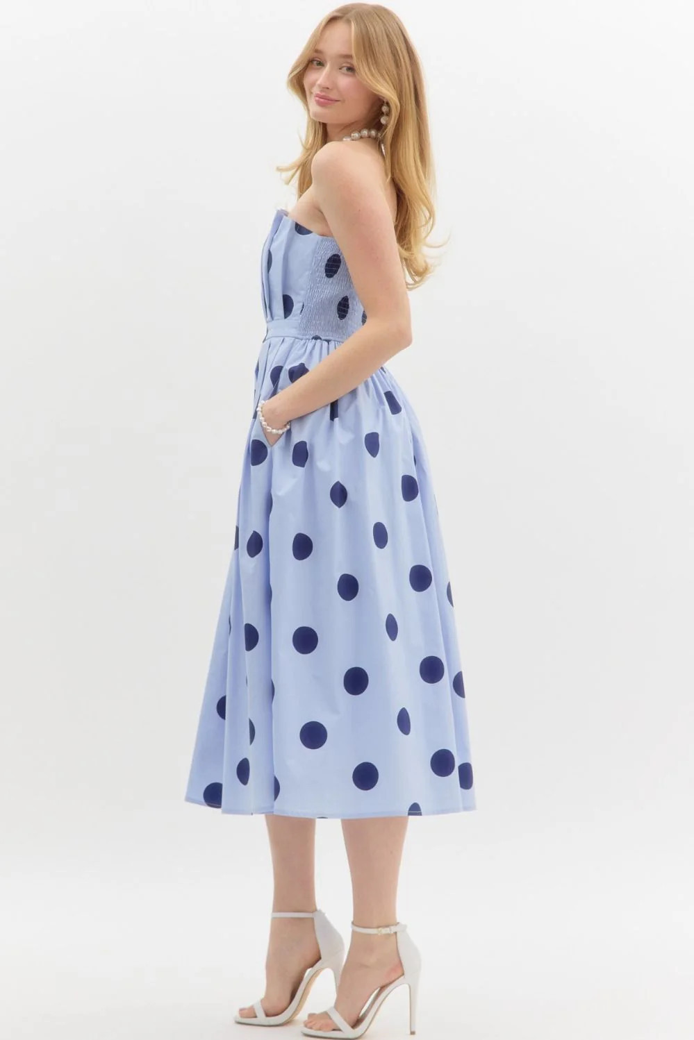 Strapless Polka Dot Midi Dress Blue / Large | Refinery