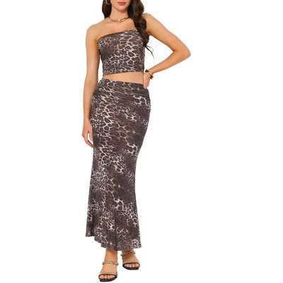 INSPIRE CHIC Women's Summer Leopard Print Strapless Crop Tube Top Bodycon Maxi Skirts Vacation Outfits Two Pieces X-Small Brown | Target