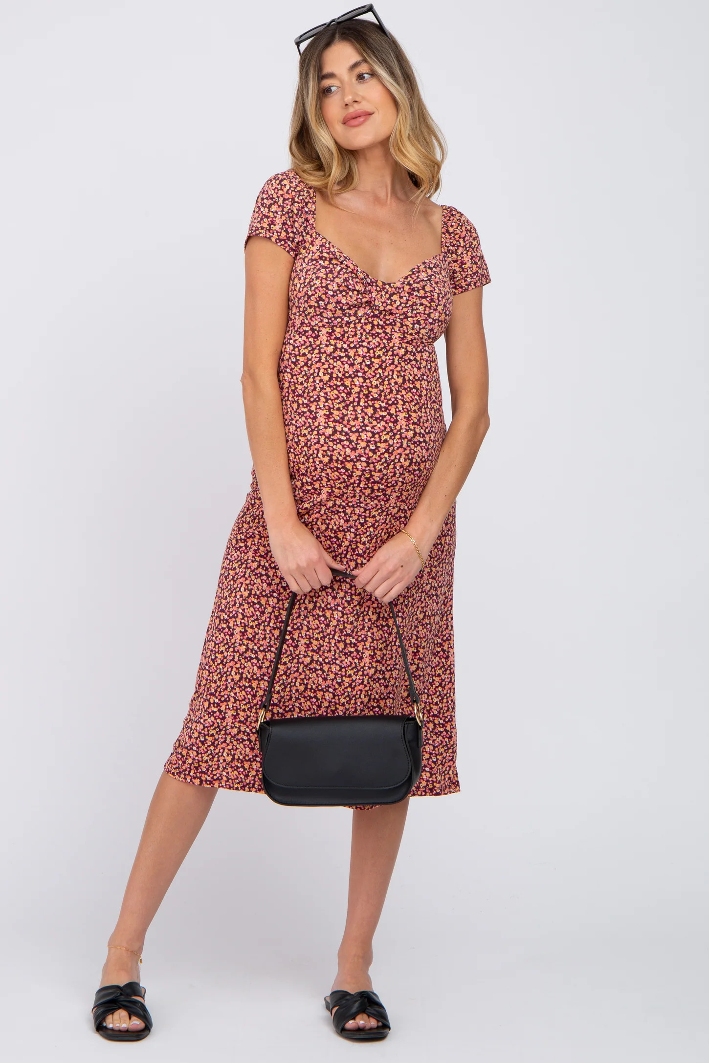 Mauve Floral Sweetheart Maternity Midi Dress | PinkBlush Maternity