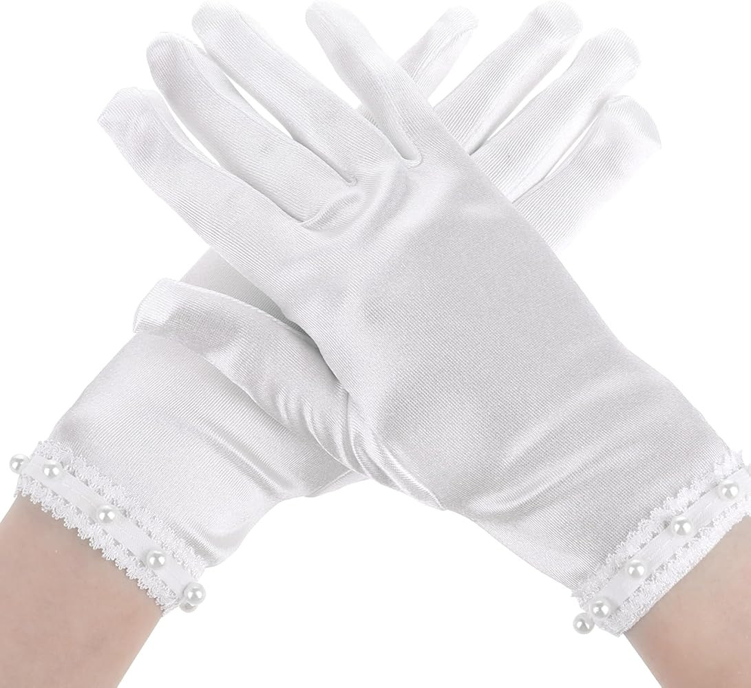 Short Satin Gloves White Gloves Women Pearl Bridal Gloves Floral Tea Party Opera Gloves Tuxedo Gl... | Amazon (US)