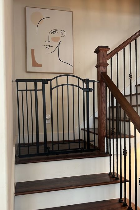 Adjustable baby gate that we use to keep the dogs downstairs.watched the iron detail on the stairs 

#LTKhome