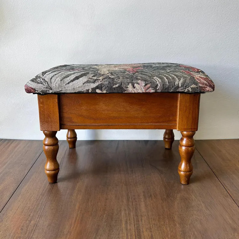 1990s Upholstered Needlepoint Fabric Hinged Lid Storage Footstool | Etsy (Global)