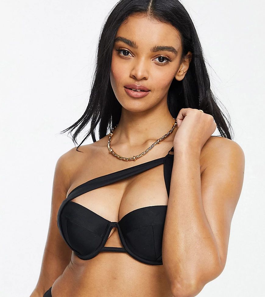 Wolf & Whistle Exclusive fuller bust underwire one shoulder bikini top in black | ASOS (Global)