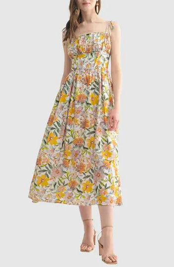 Lush Tie Strap Midi Dress in Ivory Floral at Nordstrom Rack, Size Small | Nordstrom Rack