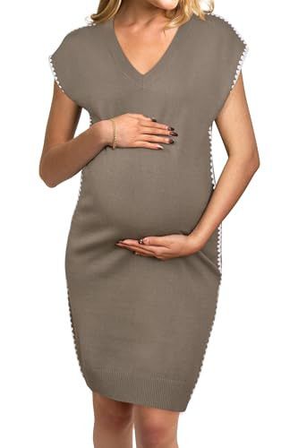 OUGES Womens Spring Summer Maternity Dress Clothes for Baby Shower Pregnancy Must Haves Cap Sleeve V Neck RIC Rac Knit Casual Midi Sweater Dress Business Outfits 2025 Vest(Coffee,XXL) | Amazon (US)