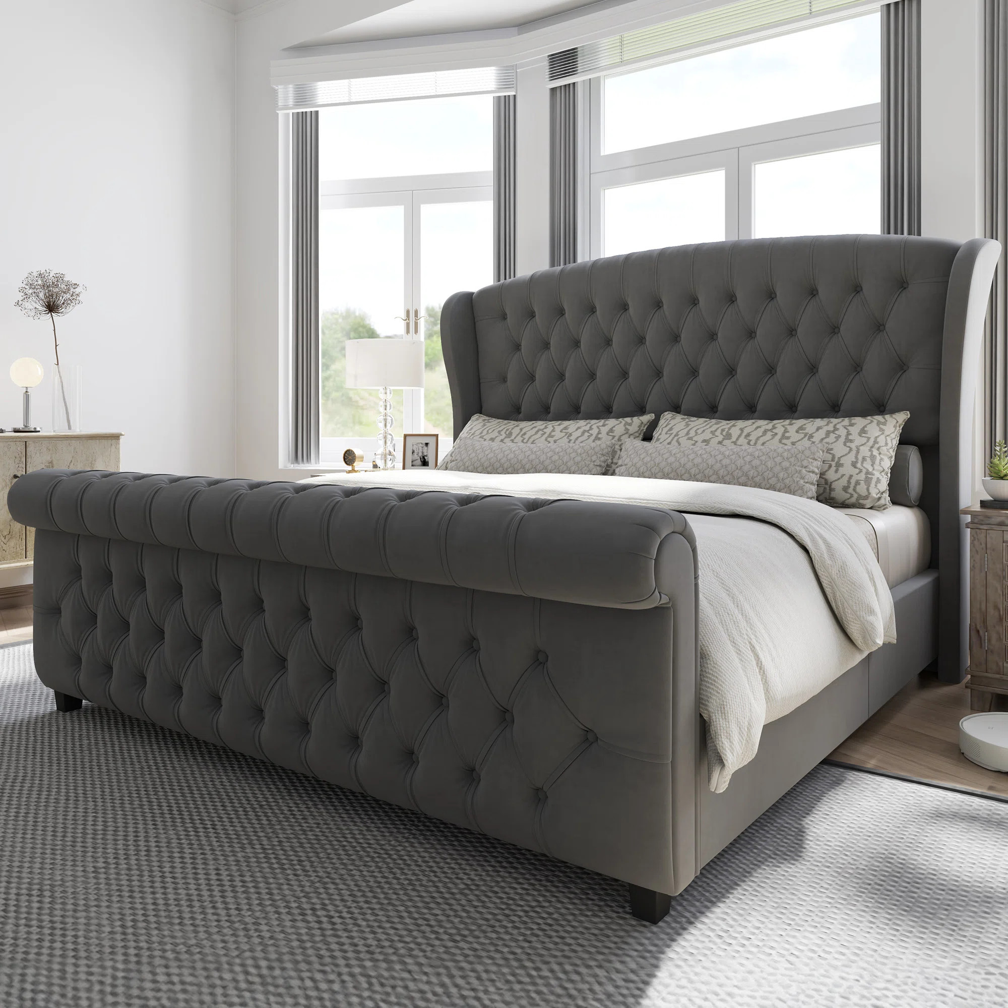 Dulane Velvet Upholstered Sleigh Queen Bed with Scroll Wingback Headboard, Gray | Wayfair North America