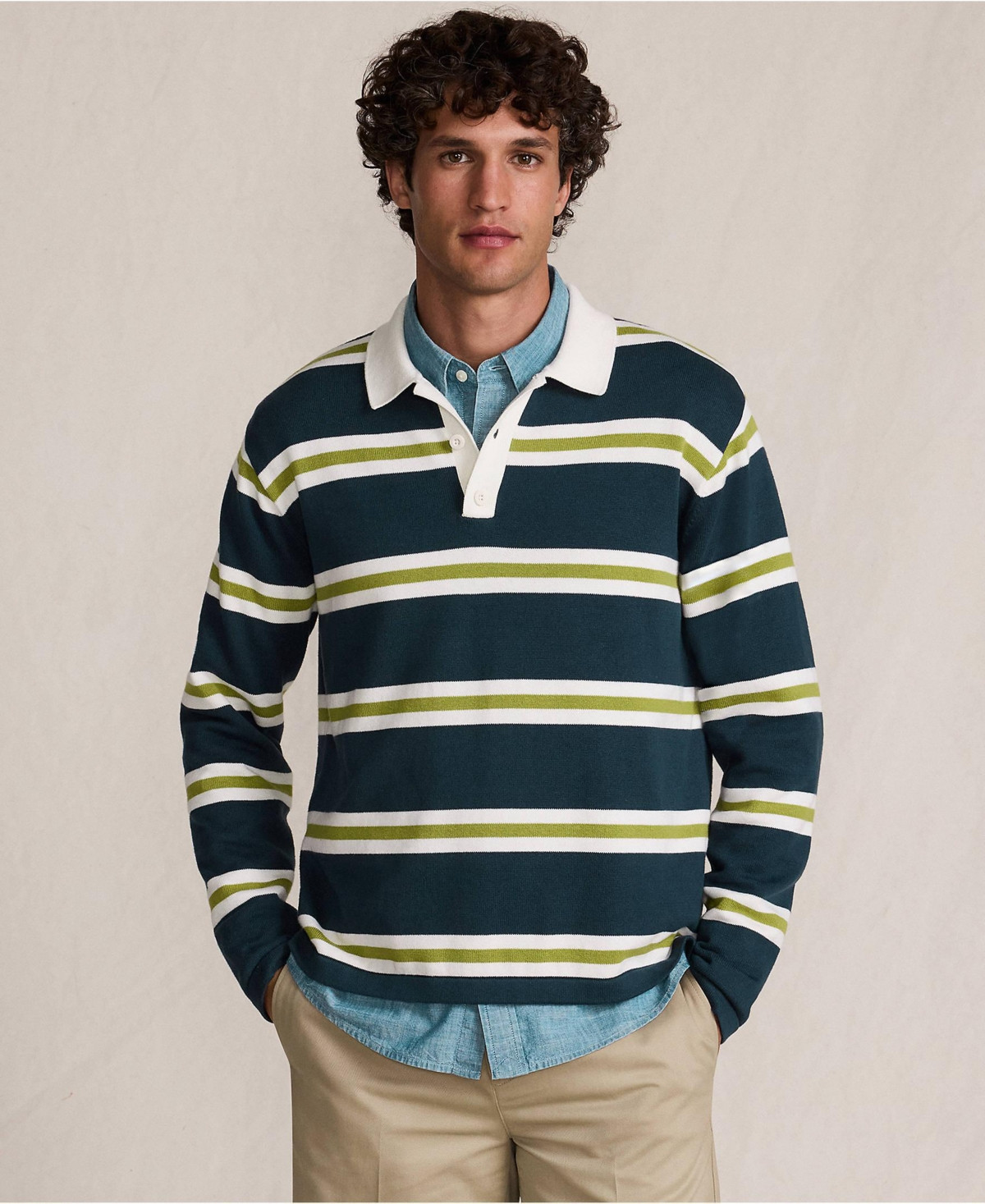 Lands' End Men's Long Sleeve Cotton Rugby Sweater Polo - French navy/lime stripe | Macy's