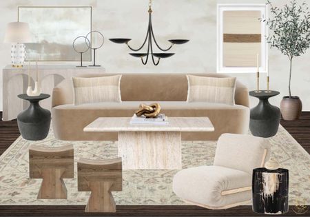 Designer neutral living room decor. Designer look for less velvet sofa, coffee table, accent chair, Sherpa ottoman, black chandelier // studios McGee living room design makeover

#LTKover40 #LTKhome #LTKstyletip
