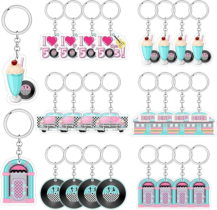 50's Party Decorations 24Pcs 50s Theme Keychains 1950's Rock and Roll Key Chains Colorful Retro C... | Amazon (US)