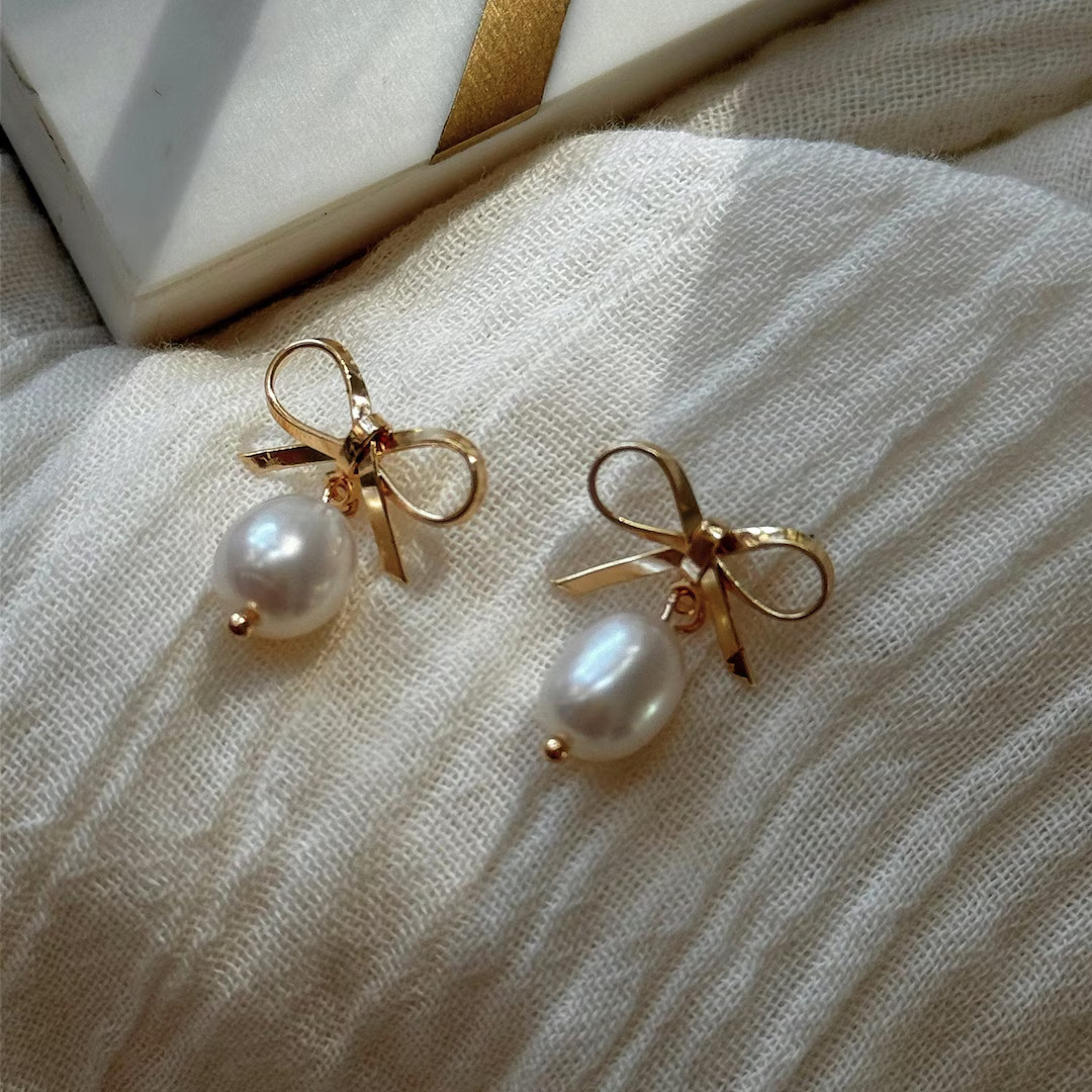 Coquette Pearl Drop Stud Bow Earrings Dainty Earrings in Gold&silver Minimalist Jewelry Clean Gir... | Etsy (US)