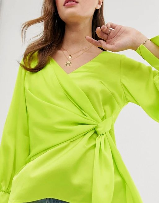 ASOS DESIGN long sleeve v neck top with drape front and cuffs in neon | ASOS US