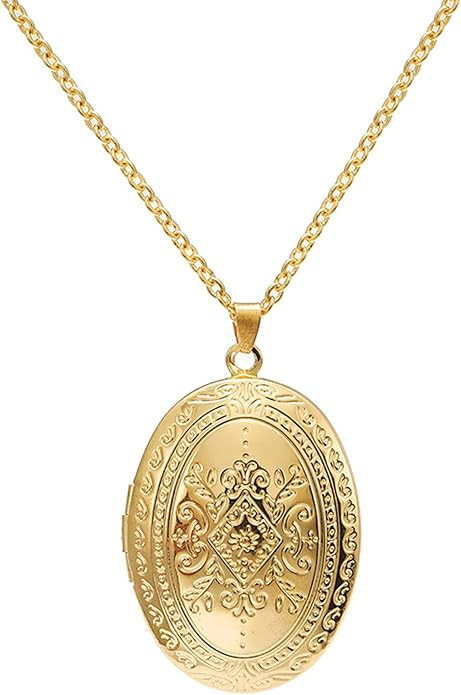 Vintage Engraved Flower Empaistic Photo Locket Hold Picture Oval Round Pendant Necklace Antique C... | Amazon (US)