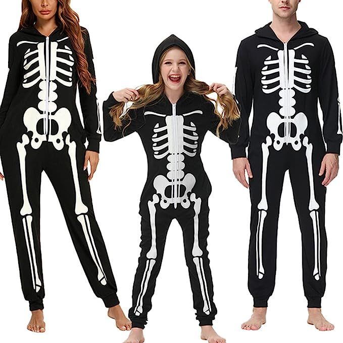 Halloween Family Matching Set One Piece Cosplay Costume Cozy Skeleton Print Zip Up Hoodie Jumpsui... | Amazon (US)