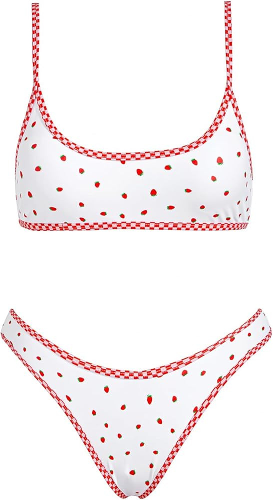 VOLAFA Women's Triangle Bikini Set Smocked Textured Scoop Frilled Print Ruched Elastic Swimsuit T... | Amazon (US)