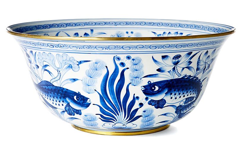 15" Fish & Lotus Bowl, Blue/White | One Kings Lane
