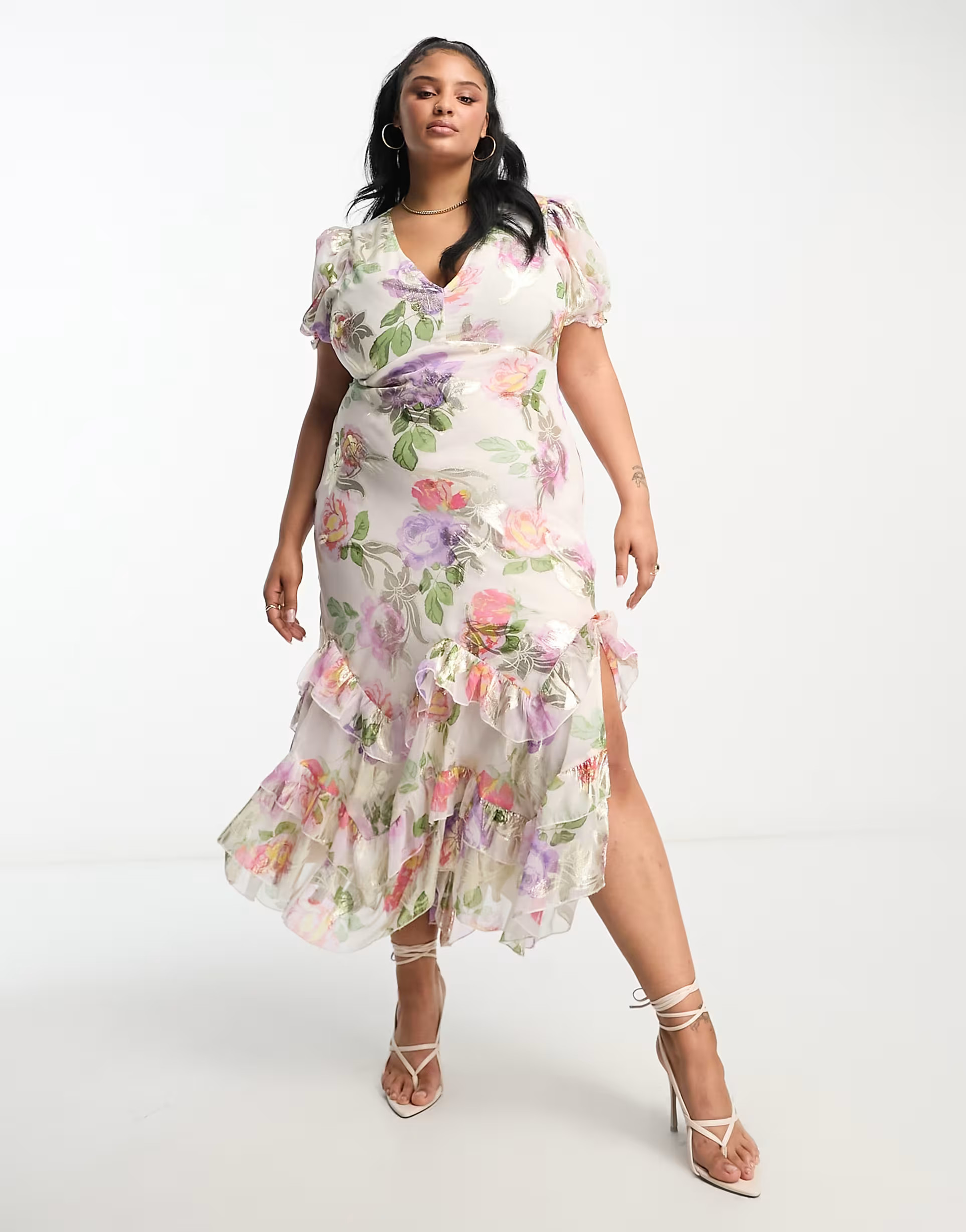 ASOS DESIGN Curve ruffle frill hem maxi dress in lurex rose print | ASOS (Global)
