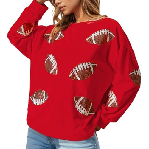 Xunger Women’s Football Print Sequin Sweatshirt Crewneck Oversized Long Sleeve Pullover Tops Ga... | Amazon (US)