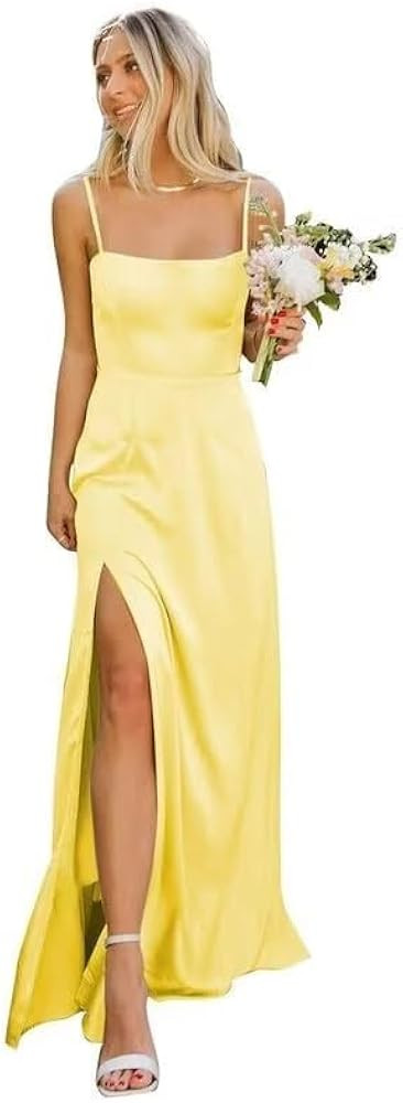 Spaghetti Strap Bridesmaid Dresses for Wedding Long Satin Formal Evening Party Gowns with Slit | Amazon (US)