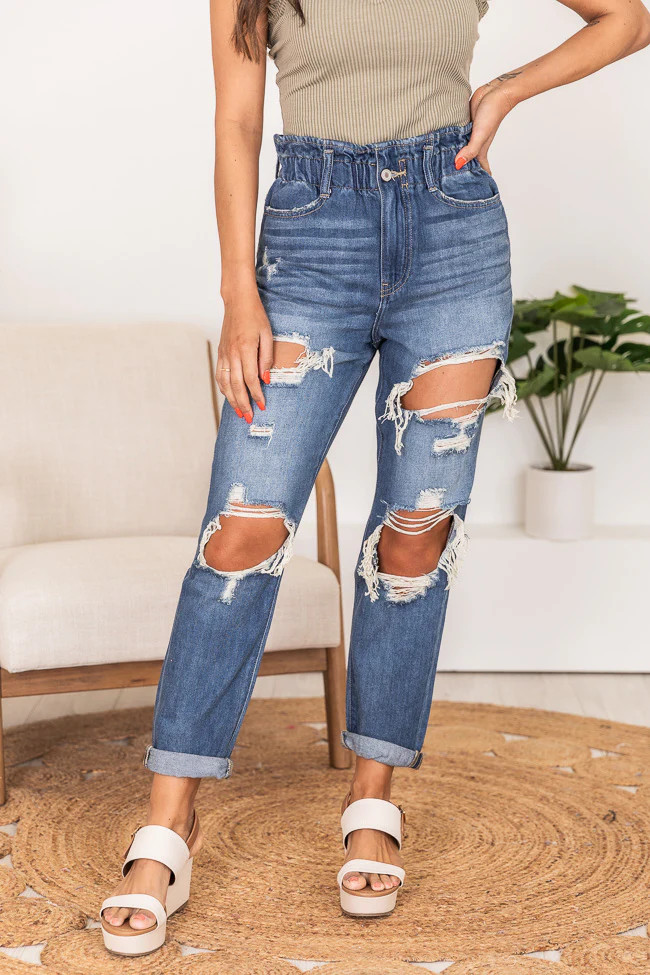 Kristen Medium Wash Paperbag Waist Distressed Mom Jeans | Pink Lily