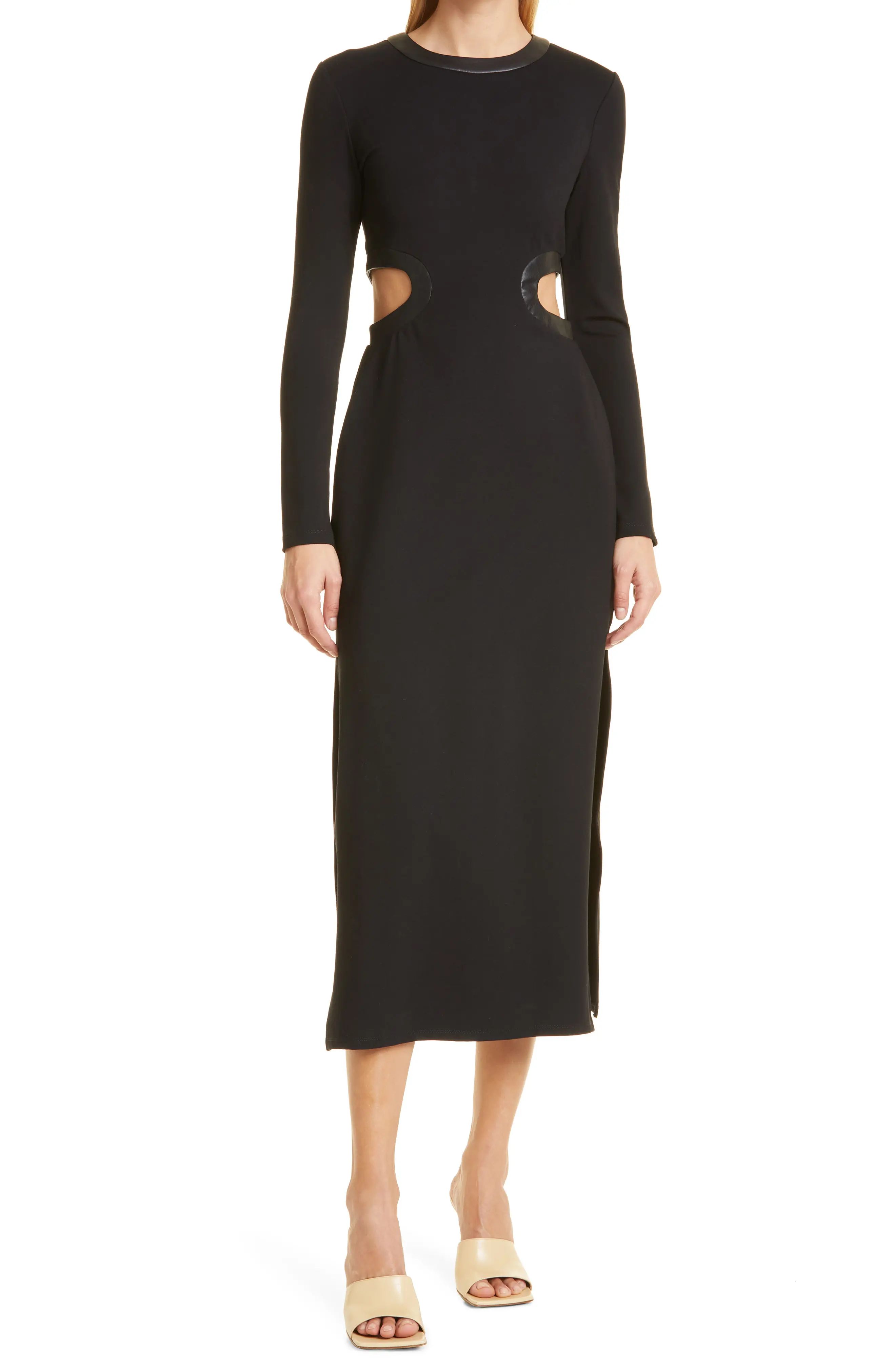 STAUD Dolce Cutout Waist Long Sleeve Dress in Black/Black at Nordstrom, Size X-Small | Nordstrom
