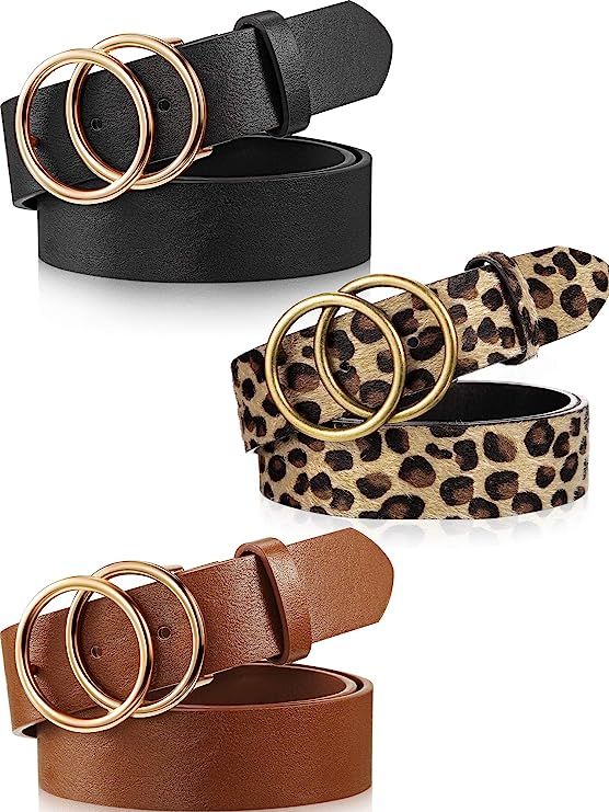 3 Pieces Women Leather Belt for Jeans Dress Waist Belts with Double Ring Buckle | Amazon (US)
