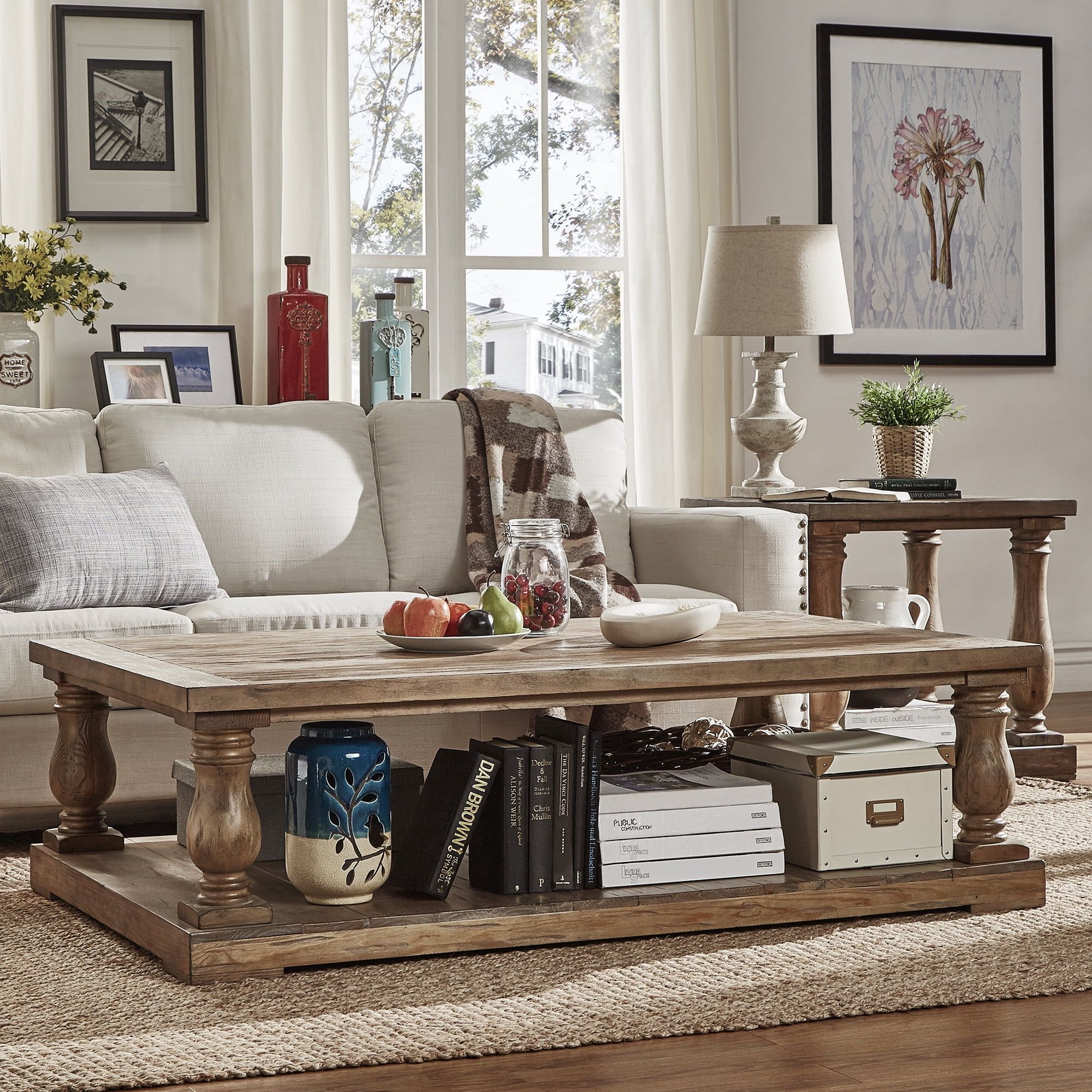 Weston Home Dunbar Pedestal Coffee Table with Lower Storage Shelf, Pine Brown | Walmart (US)