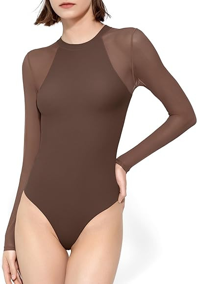 PUMIEY Mesh Long Sleeve Bodysuit for Women Crew Neck Body Suits Sexy Sheer Tops Smoke Cloud Pro C... | Amazon (US)