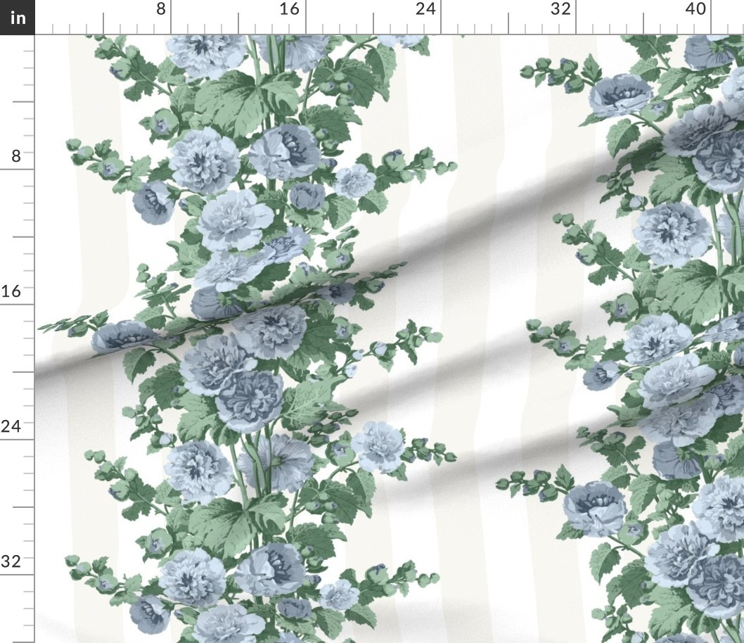 Striped Hollyhocks Indigo And Lehigh Green Fabric | Spoonflower | Spoonflower