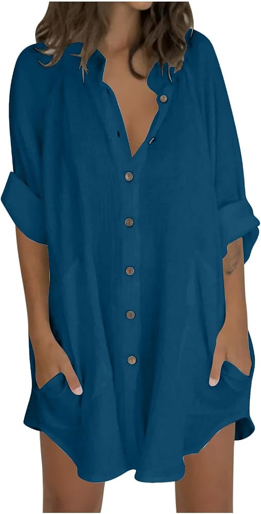 Womens Cotton Linen Button Down Shirts with Pockets 2025 Long Sleeve Loose Fit Oversized Casual T... | Amazon (US)