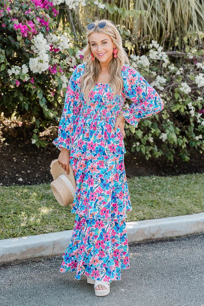Porch Swing Kisses Blue Smocked Bust Floral Maxi Dress FINAL SALE | Pink Lily