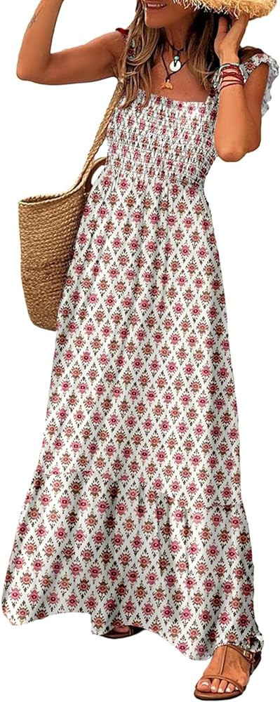 LOLONG Maxi Dress for Women Summer Boho Spaghetti Strap Square Neck Ruffle Beach Sun Dress | Amazon (US)