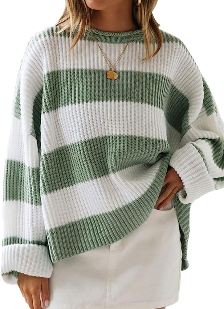 ZESICA Women's Long Sleeve Crew Neck Striped Color Block Comfy Loose Oversized Knitted Pullover Swea | Amazon (US)