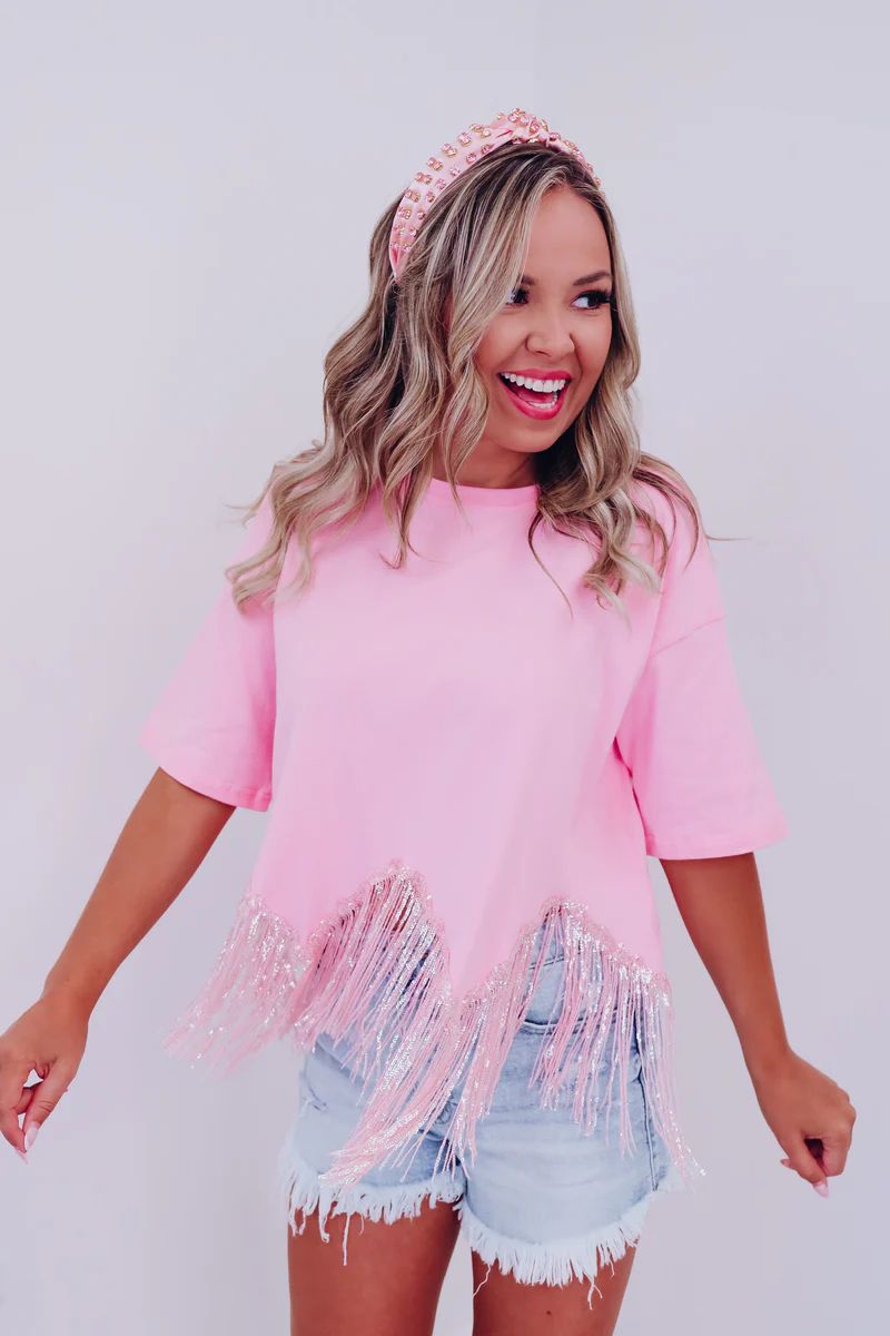 Fabulously Fringed Sequin Crop T-Shirt - Pink | Whiskey Darling Boutique
